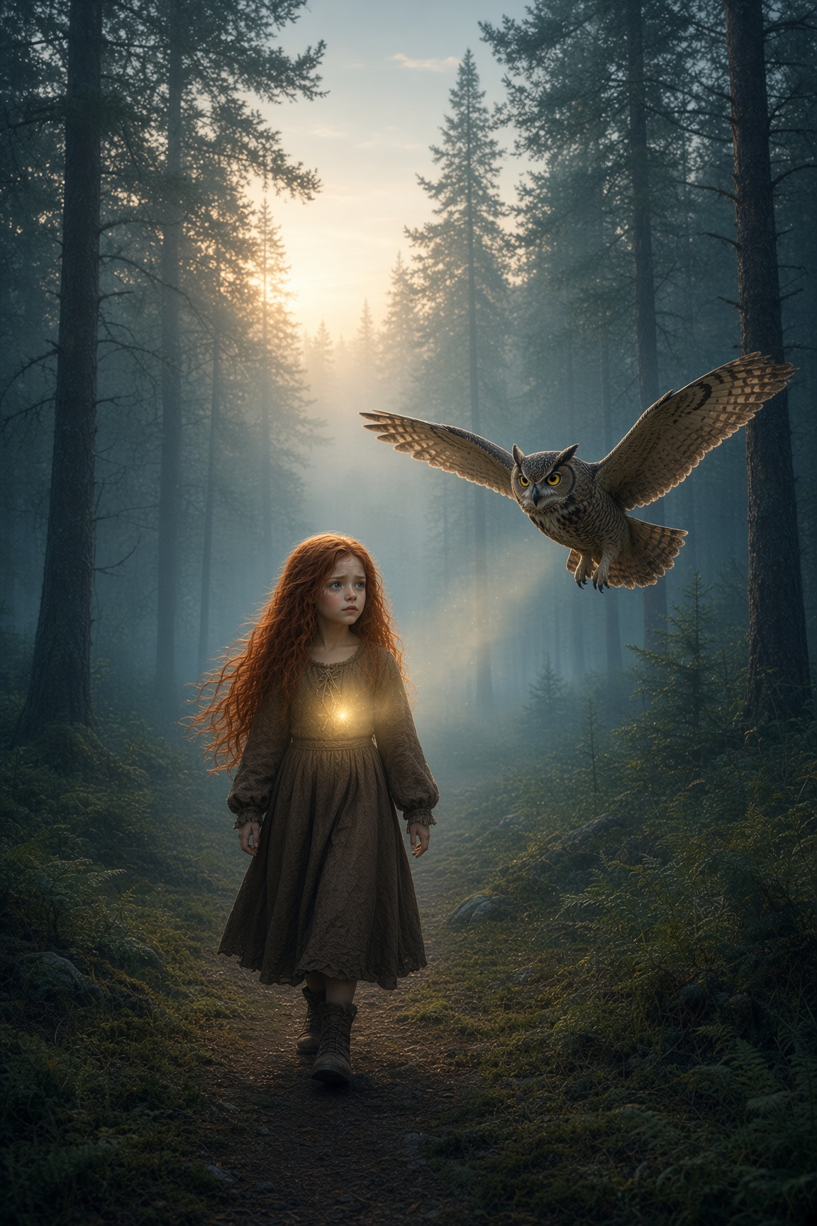 Morgenlicht im Tal, Manouk geht, Glaux fliegt neben ihr